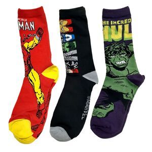Marvel Iron Man Hulk 3-pair Cartoon Novelty Mens Adult Size 6-12 Crew Socks NWOT